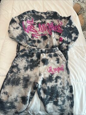 Zara Kids Tie-Dye Sweatpants Joggers - Black, White & Pink Logo